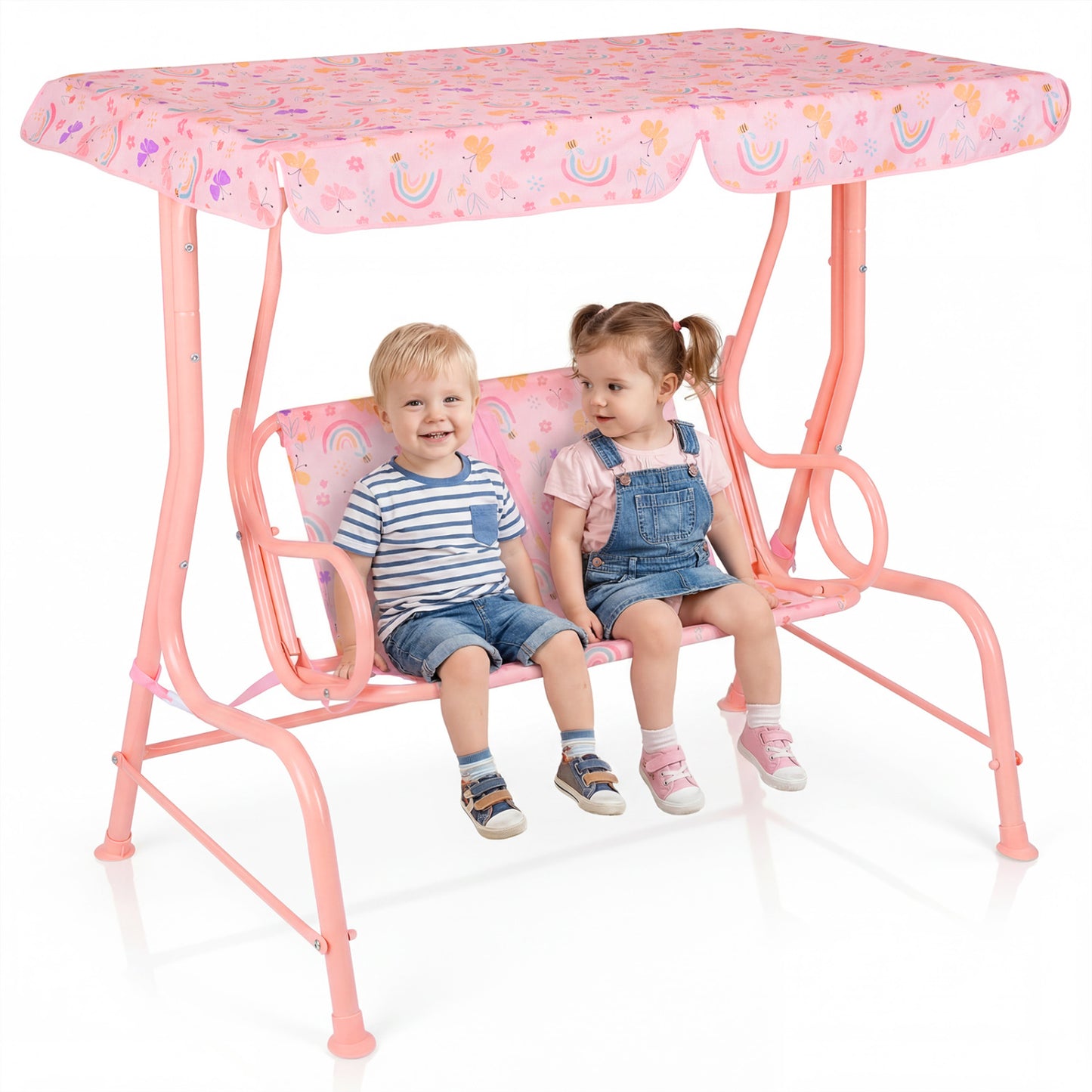 Kids Patio Swing 2-Seater Outdoor Porch Swing Lounge Chair with Adjustable Canopy