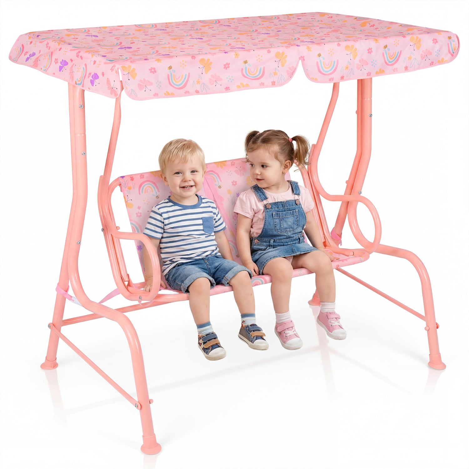 Kids Patio Swing 2-Seater Outdoor Porch Swing Lounge Chair with Adjustable Canopy