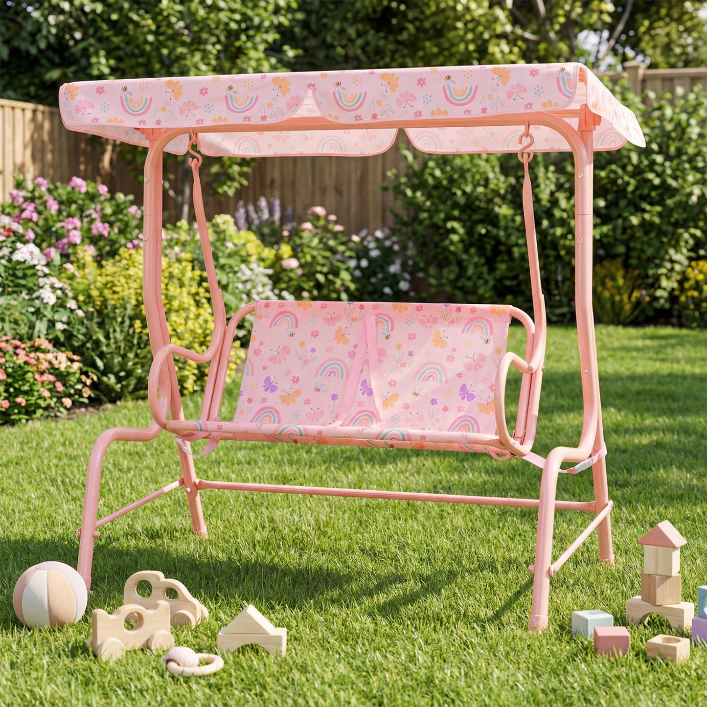 Kids Patio Swing 2-Seater Outdoor Porch Swing Lounge Chair with Adjustable Canopy