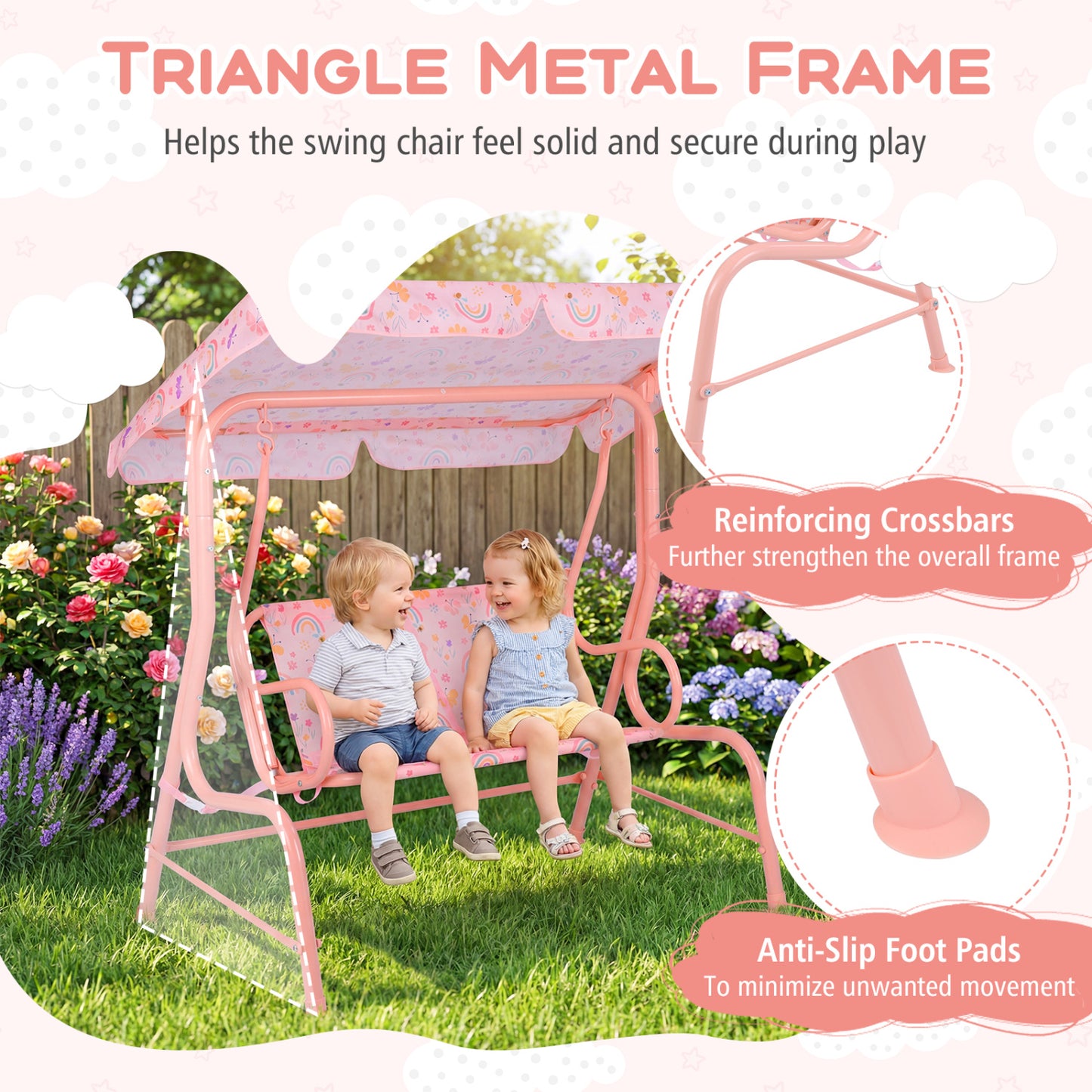 Kids Patio Swing 2-Seater Outdoor Porch Swing Lounge Chair with Adjustable Canopy