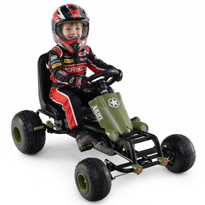 Kids Pedal Go Kart with Steering Wheel and Gear Shifter and Handbrake-Green