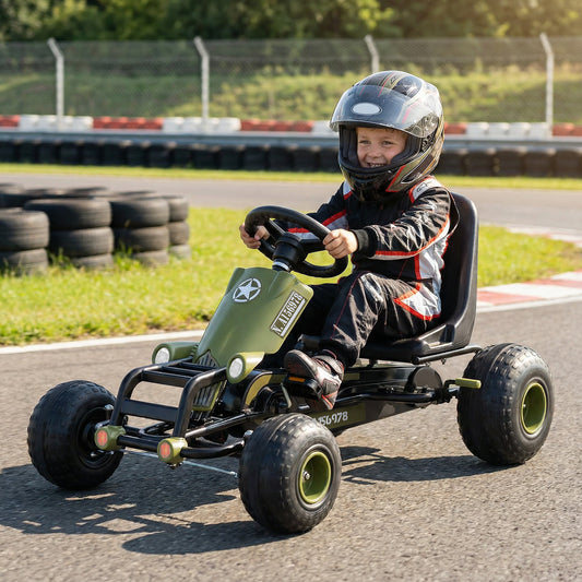 Kids Pedal Go Kart with Steering Wheel and Gear Shifter and Handbrake-Green