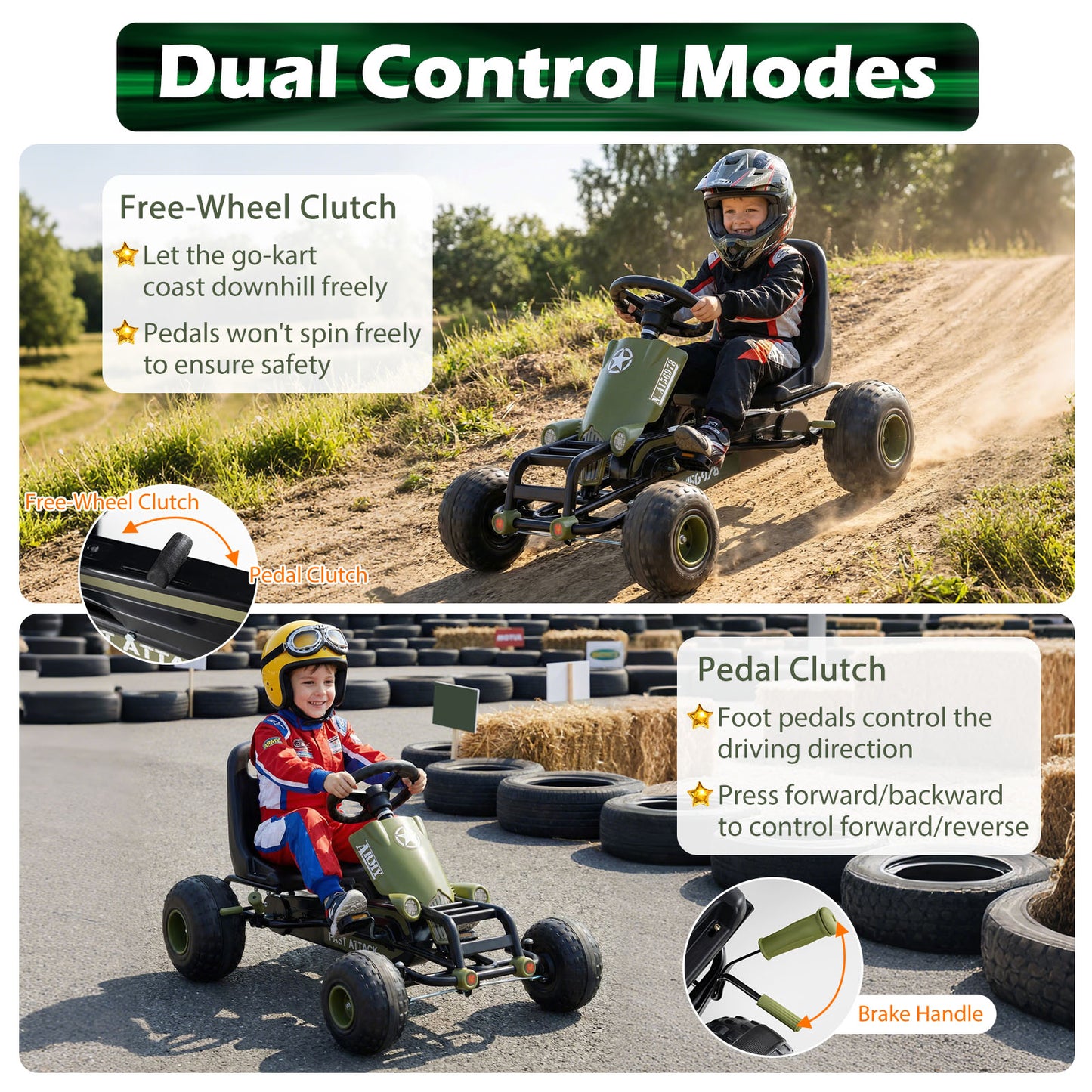 Kids Pedal Go Kart with Steering Wheel and Gear Shifter and Handbrake-Green
