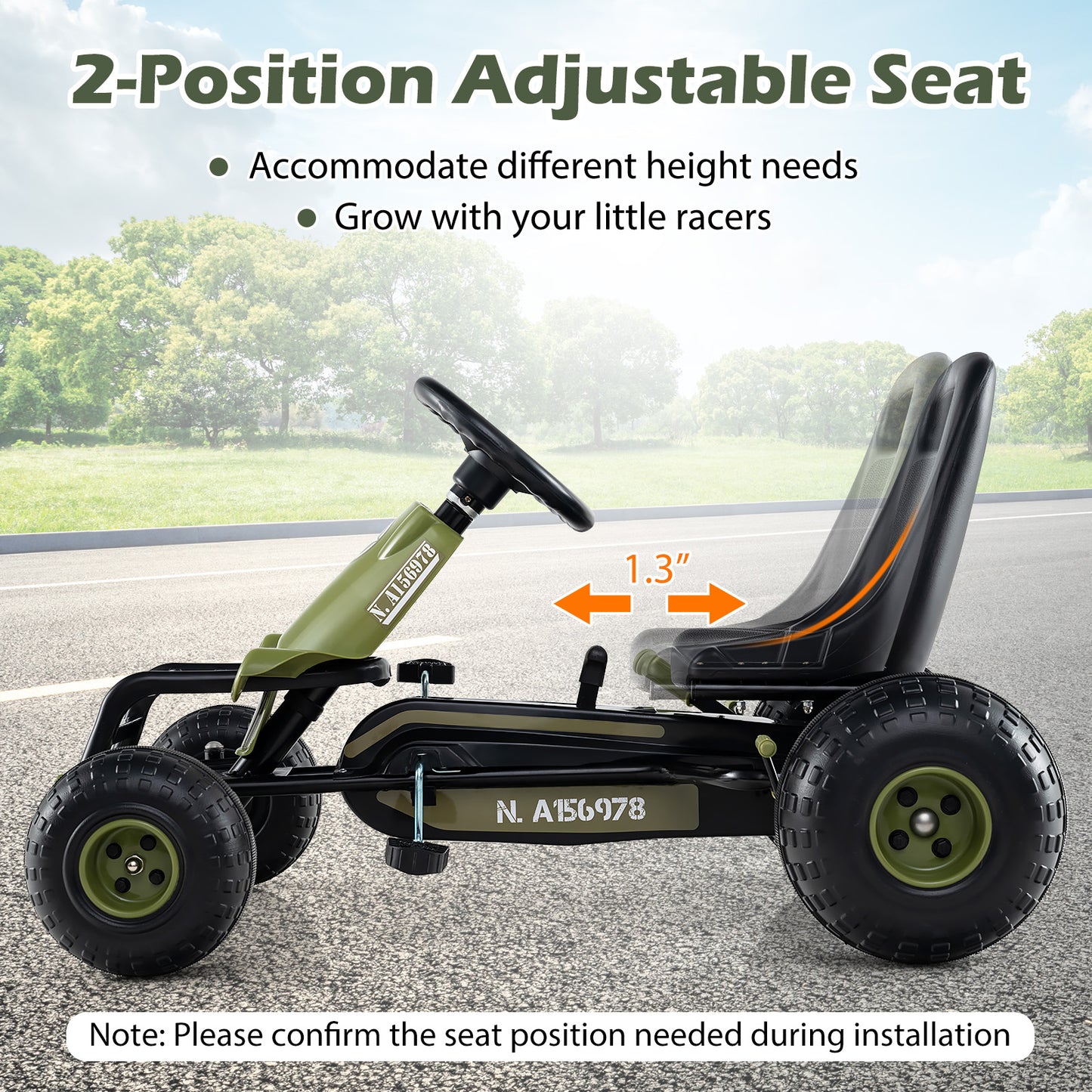 Kids Pedal Go Kart with Steering Wheel and Gear Shifter and Handbrake-Green