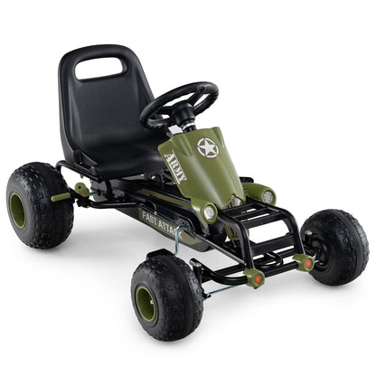 Kids Pedal Go Kart with Steering Wheel and Gear Shifter and Handbrake-Green