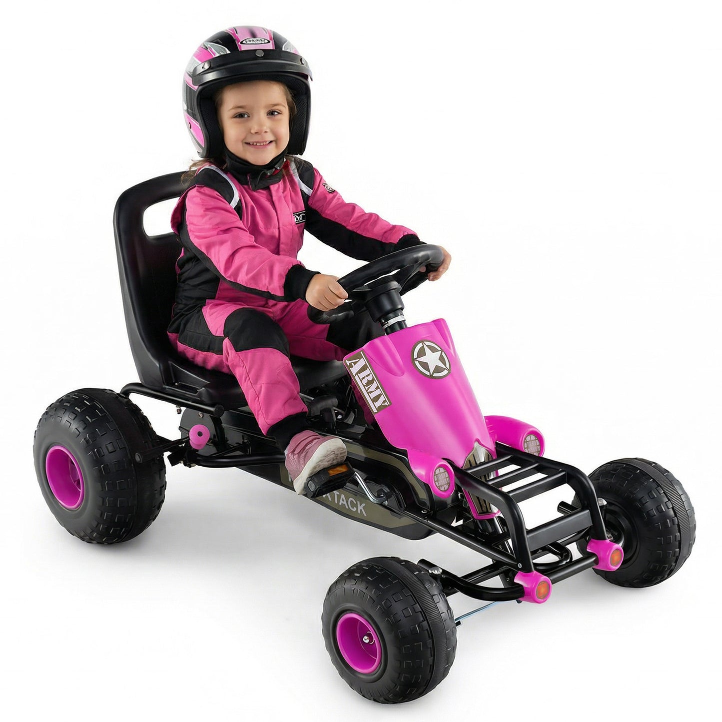 Kids Pedal Go Kart with Steering Wheel and Gear Shifter and Handbrake-Pink