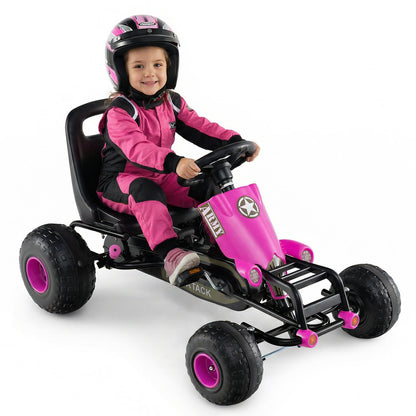 Kids Pedal Go Kart with Steering Wheel and Gear Shifter and Handbrake-Pink