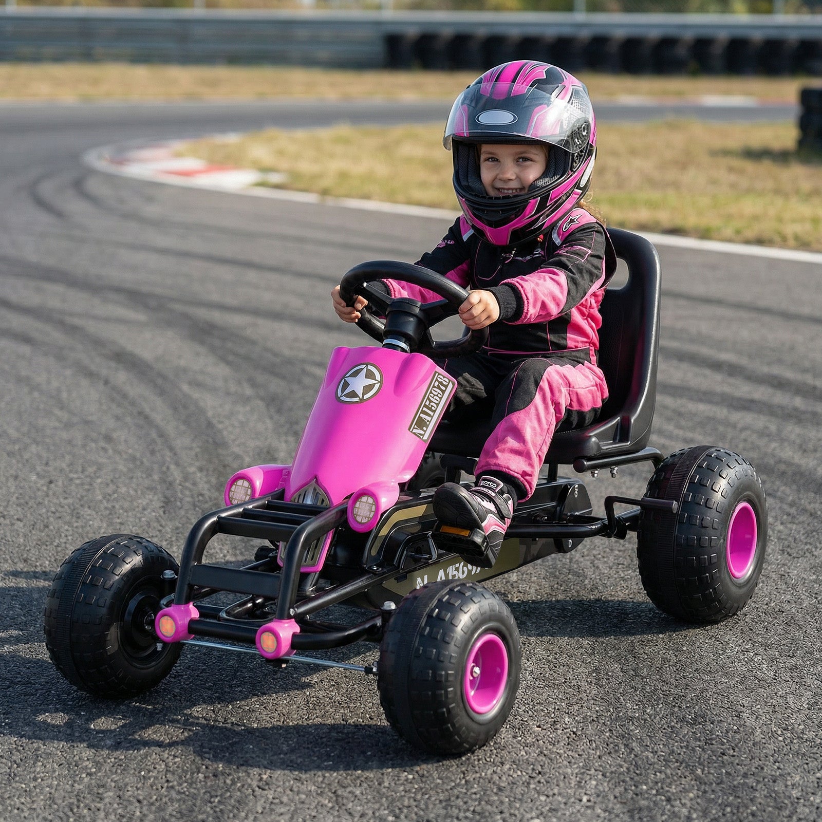 Kids Pedal Go Kart with Steering Wheel and Gear Shifter and Handbrake-Pink