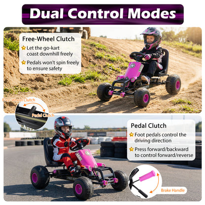 Kids Pedal Go Kart with Steering Wheel and Gear Shifter and Handbrake-Pink