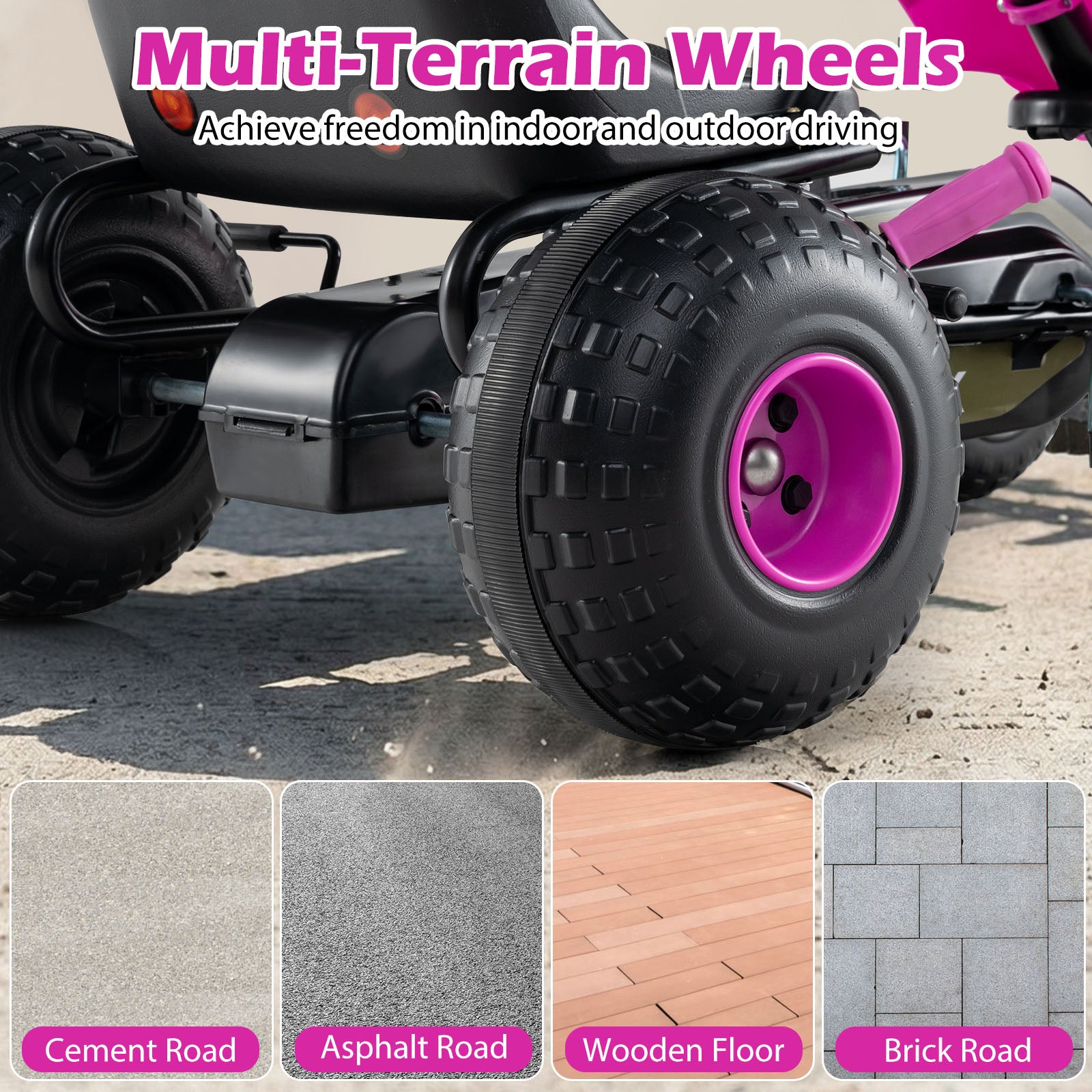 Kids Pedal Go Kart with Steering Wheel and Gear Shifter and Handbrake-Pink