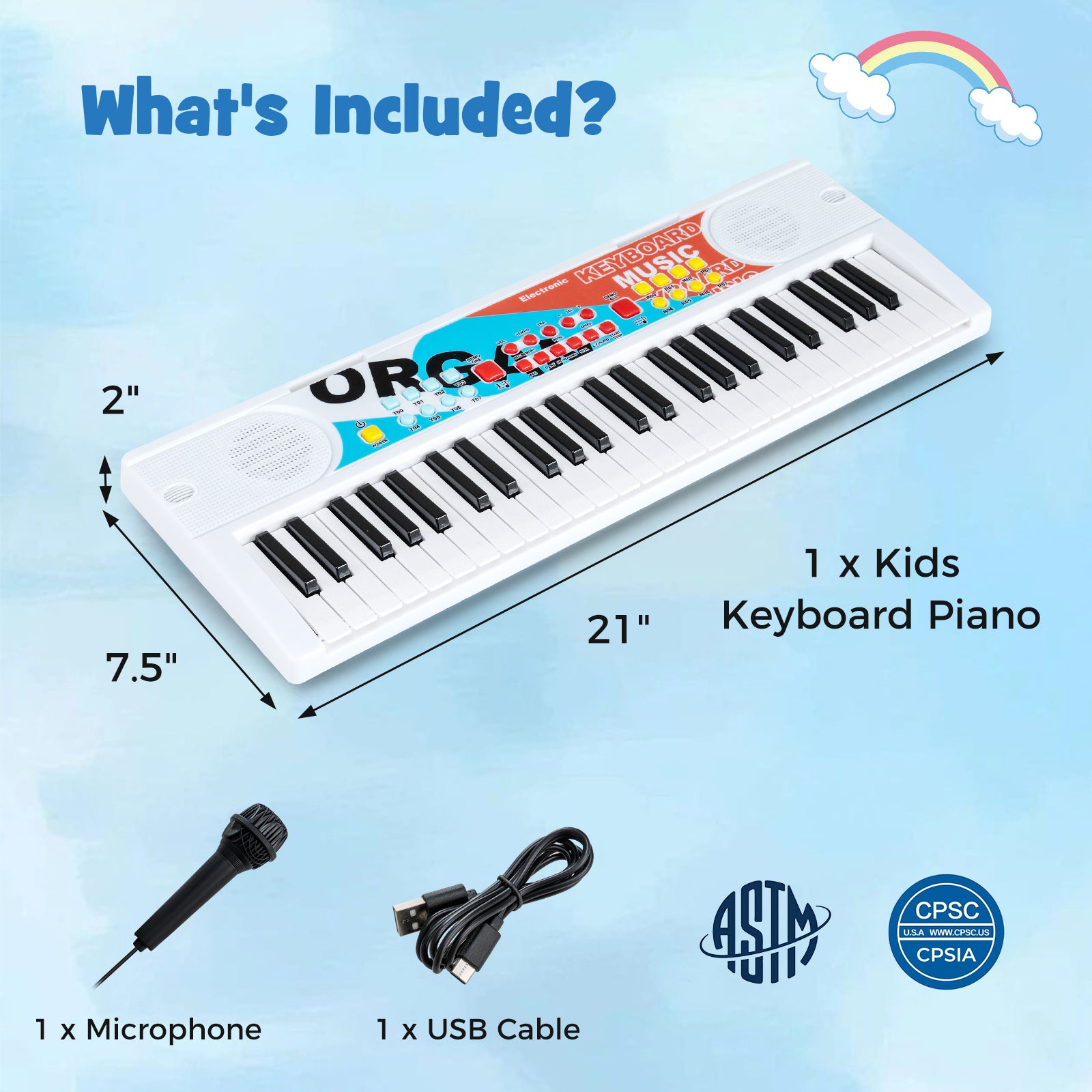 Kids Piano Keyboard 49 Keys Portable Electric Keyboard Piano with 8 Rhythms 8 Tones-White