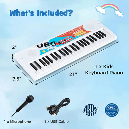Kids Piano Keyboard 49 Keys Portable Electric Keyboard Piano with 8 Rhythms 8 Tones-White