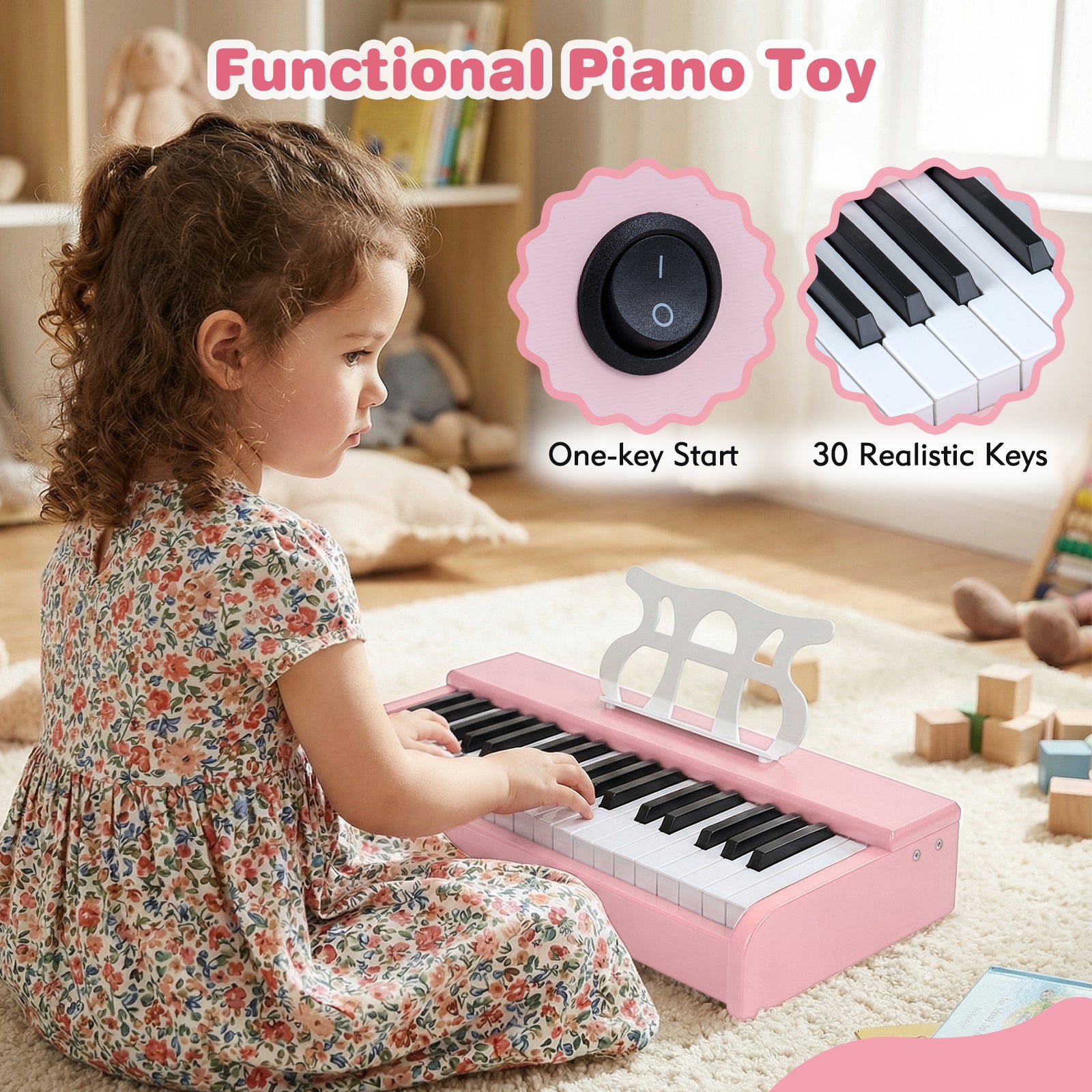 Kids Piano Keyboard 30 Keys Digital Piano with Music Stand for 3+ Years Old Beginners-Pink