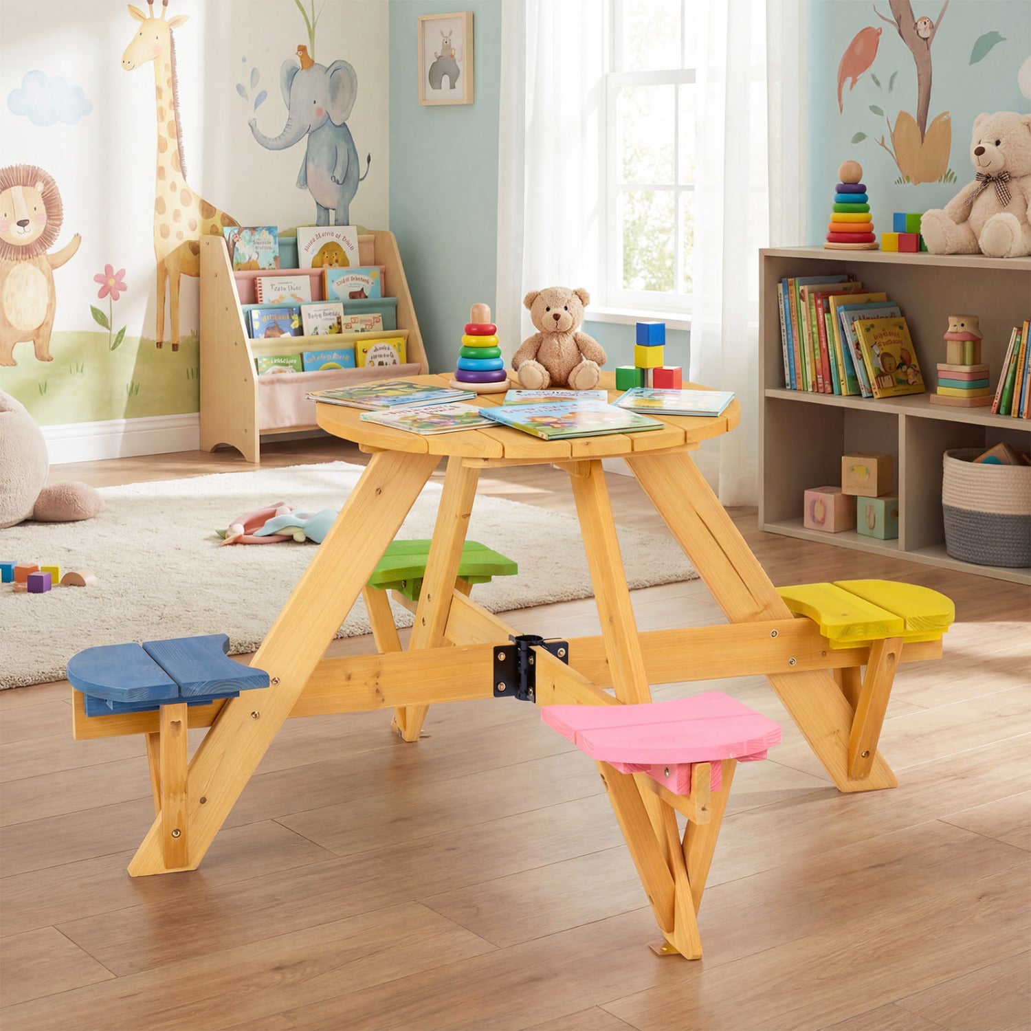 Kids Picnic Table with Stools and Foldable Adjustable Umbrella for Backyard and Patio