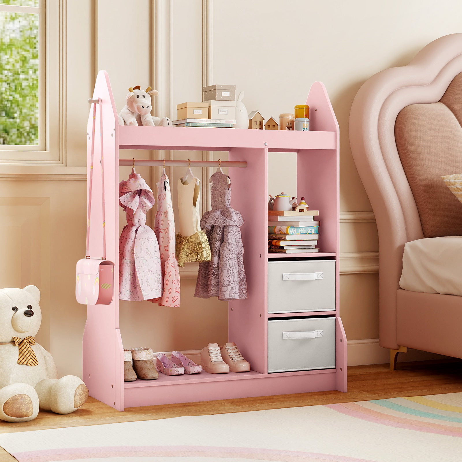 Kids Play Armoire Dresser with Cloth Hanger-Pink