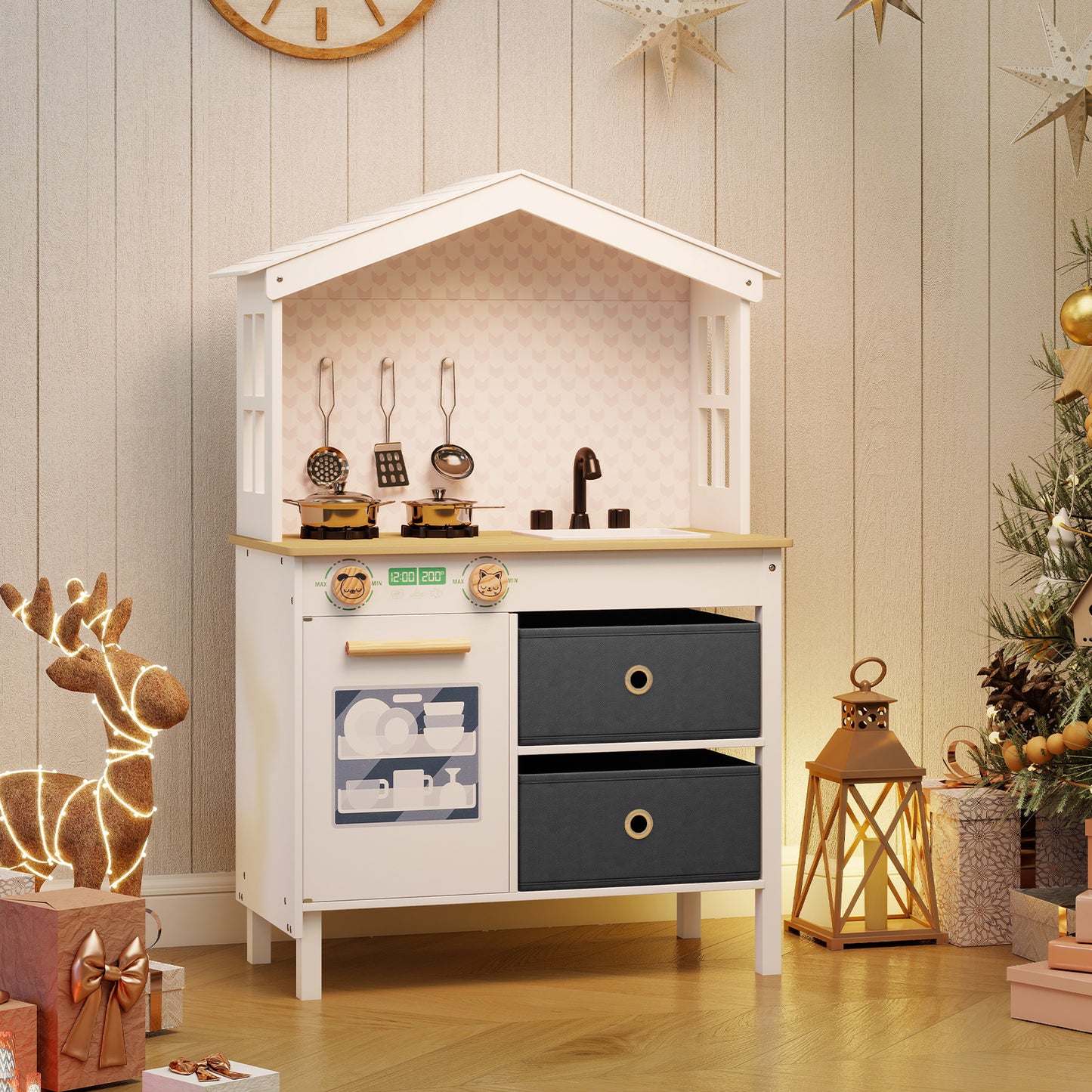 Kids Play Kitchen Children Toy Kitchen Playset with 2 Stoves and Rotation Knobs-White