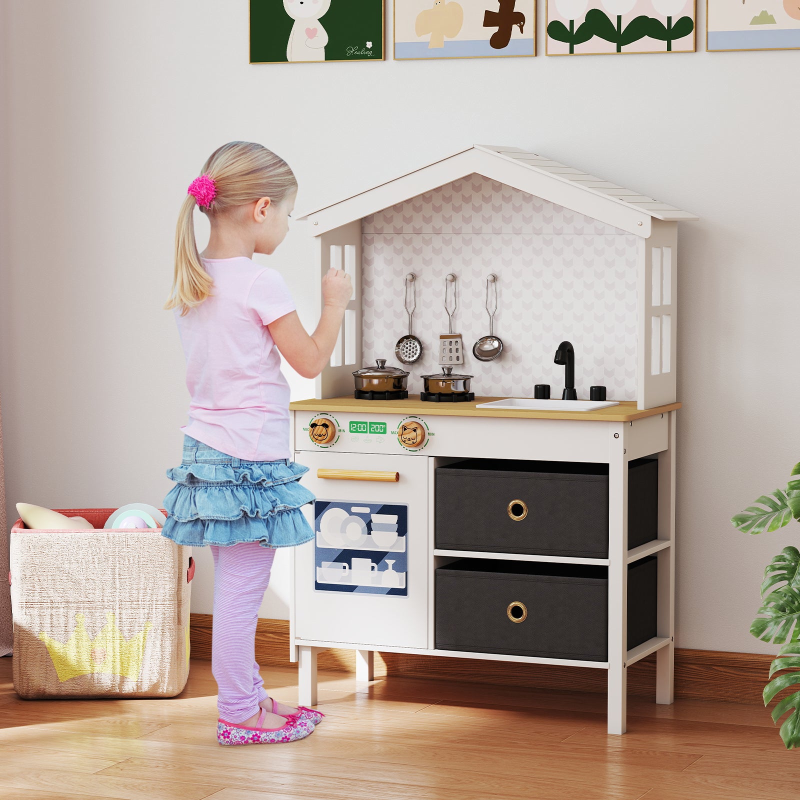 Kids Play Kitchen Children Toy Kitchen Playset with 2 Stoves and Rotation Knobs-White