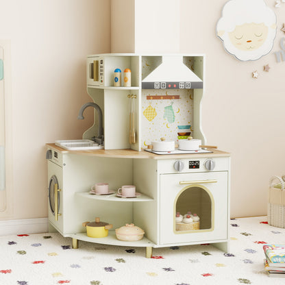 Kids Play Kitchen Wooden Corner Kitchen Playset with Working Faucet and Sink-Beige