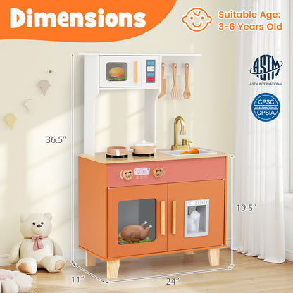 Kids Play Kitchen with Microwave and Rotation Knobs for Girls Boys Aged 3-6-Orange