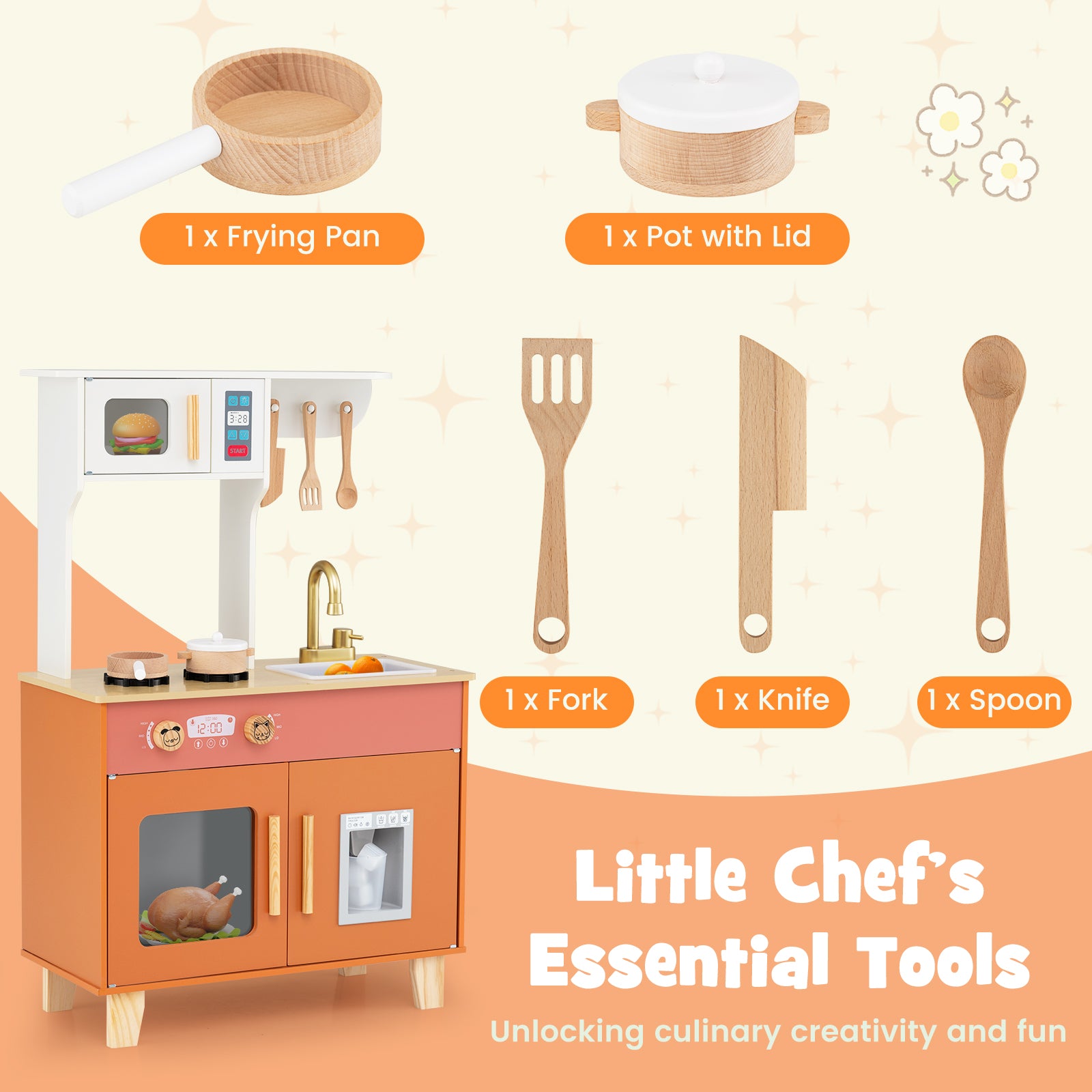 Kids Play Kitchen with Microwave and Rotation Knobs for Girls Boys Aged 3-6-Orange