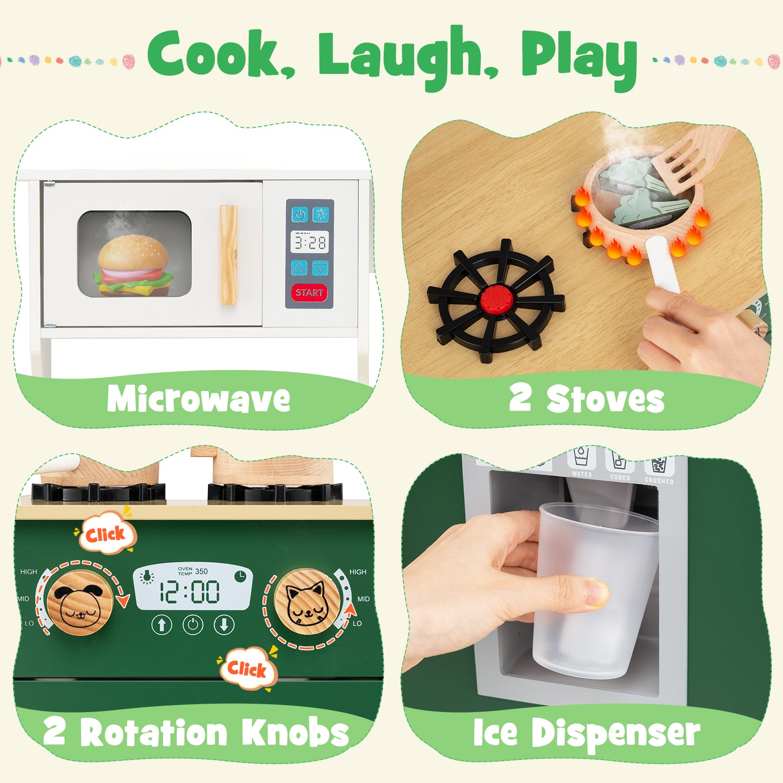 Kids Play Kitchen with Microwave and Rotation Knobs for Girls Boys Aged 3-6-Green