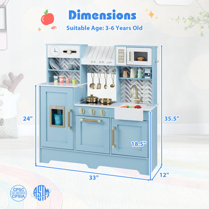 Kids Play Kitchen with Stoves and Faucet for Girls Boys Aged 3-6-Blue