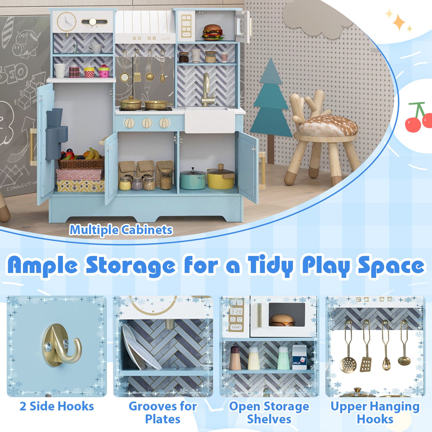 Kids Play Kitchen with Stoves and Faucet for Girls Boys Aged 3-6-Blue