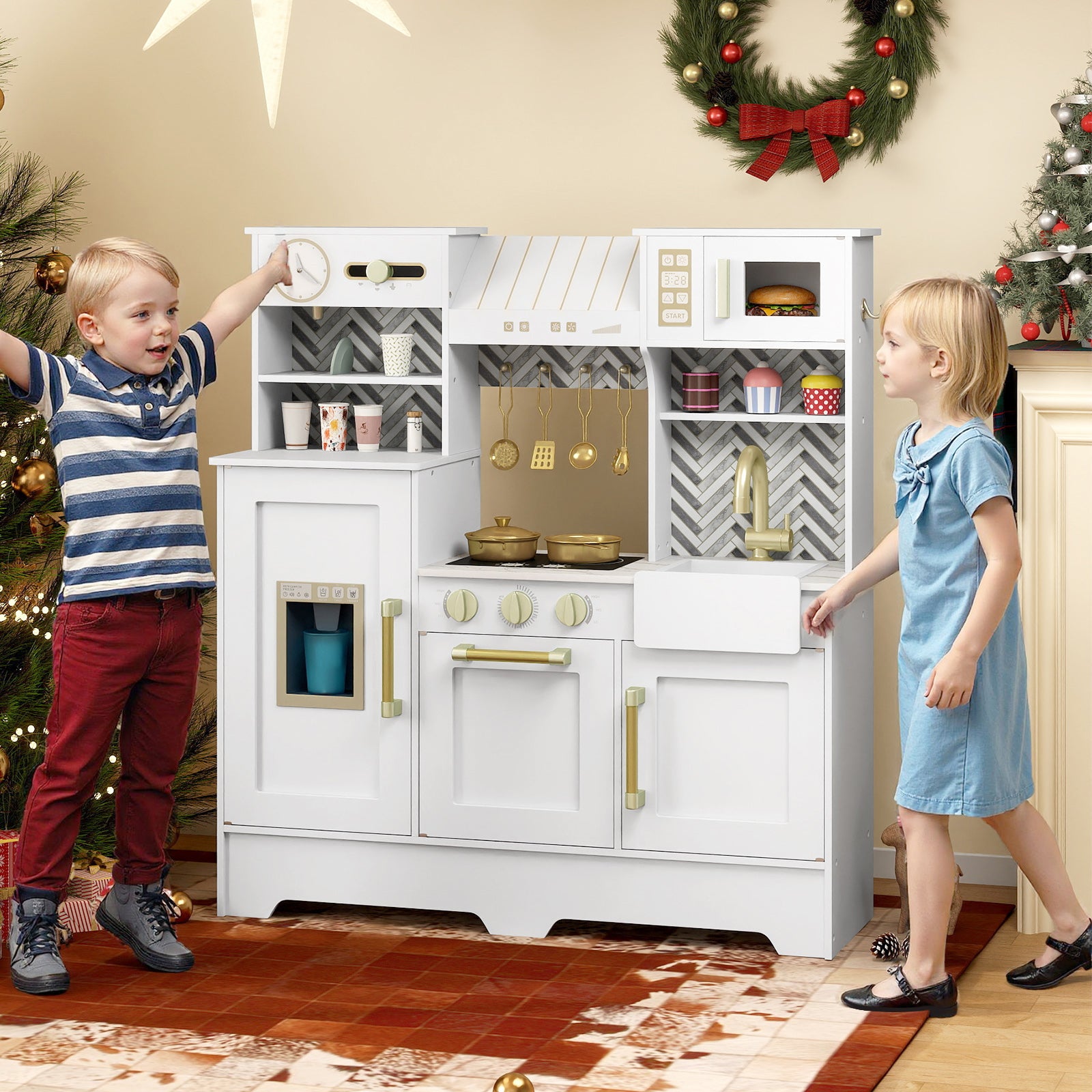 Kids Play Kitchen with Stoves and Faucet for Girls Boys Aged 3-6-White