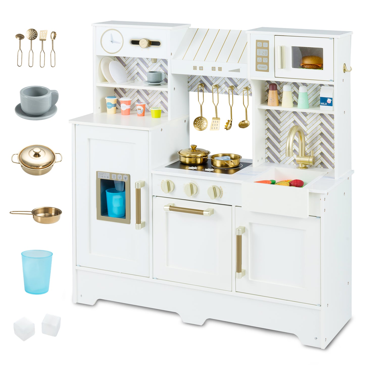 Kids Play Kitchen with Stoves and Faucet for Girls Boys Aged 3-6-White