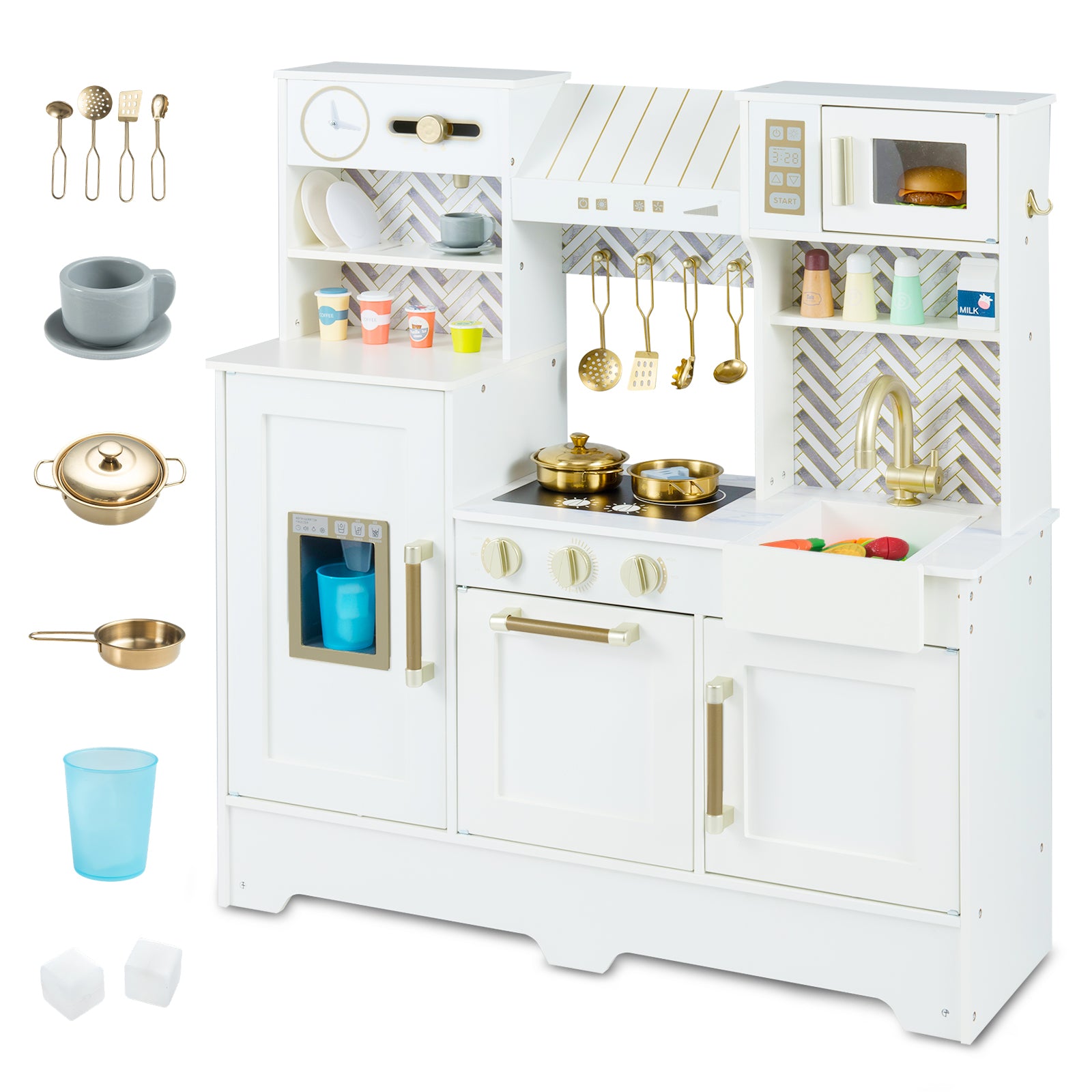 Kids Play Kitchen with Stoves and Faucet for Girls Boys Aged 3-6-White