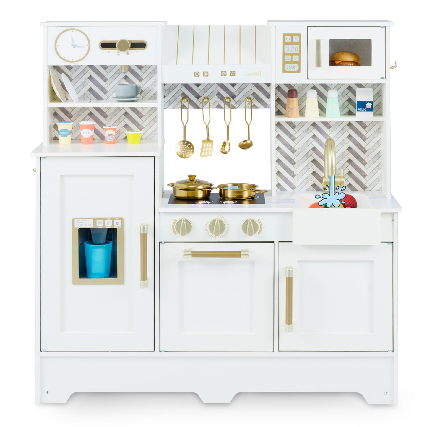 Kids Play Kitchen with Stoves and Faucet for Girls Boys Aged 3-6-White