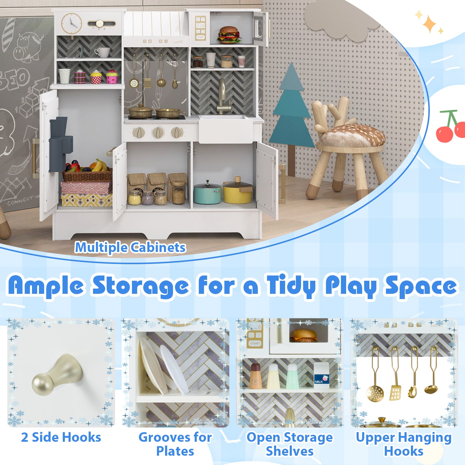 Kids Play Kitchen with Stoves and Faucet for Girls Boys Aged 3-6-White
