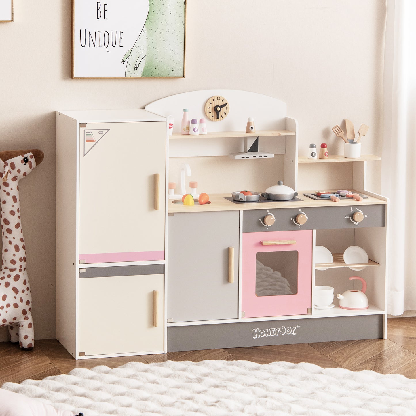Kids Play Kitchen Set with Realistic Range Hood and Refrigerator