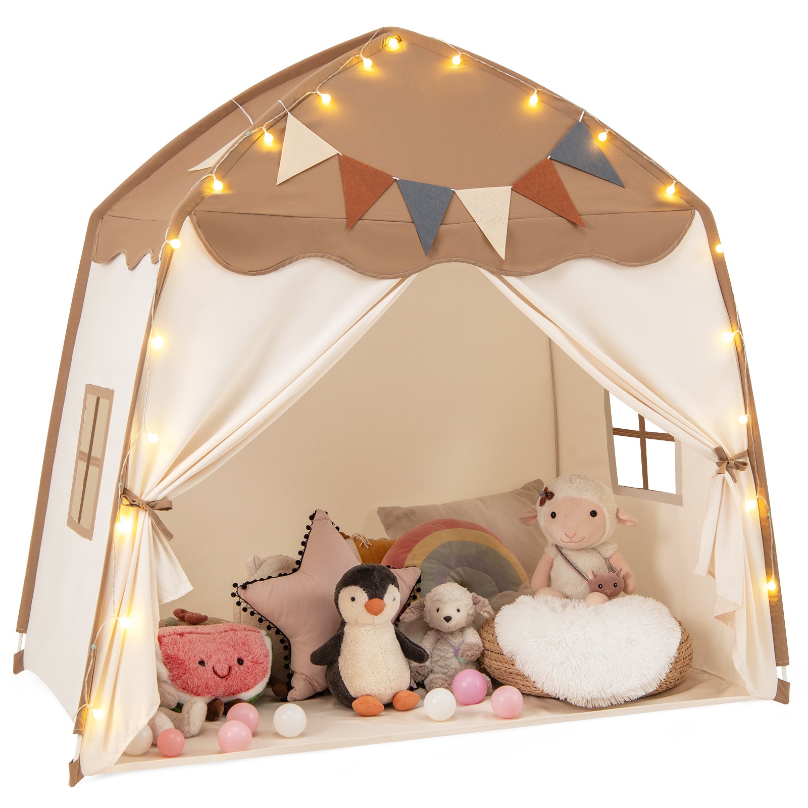 Kids Play Tent Bed Tent with String Lights Extra Large Playhouse Tent-Coffee - Coffee