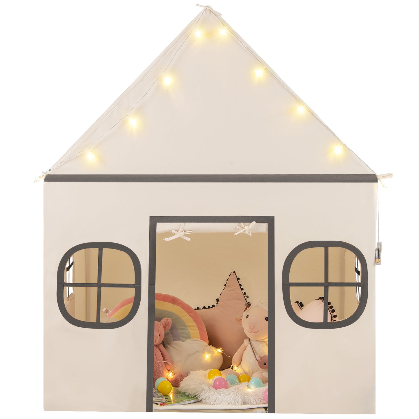 Kids Play Tent Large Playhouse with Door Curtain and Windows Star Lights-Beige