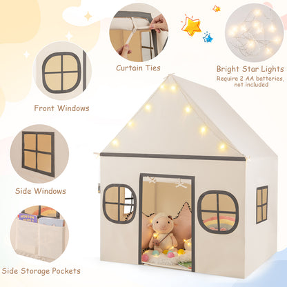 Kids Play Tent Large Playhouse with Door Curtain and Windows Star Lights-Beige