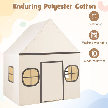 Kids Play Tent Large Playhouse with Door Curtain and Windows Star Lights-Beige