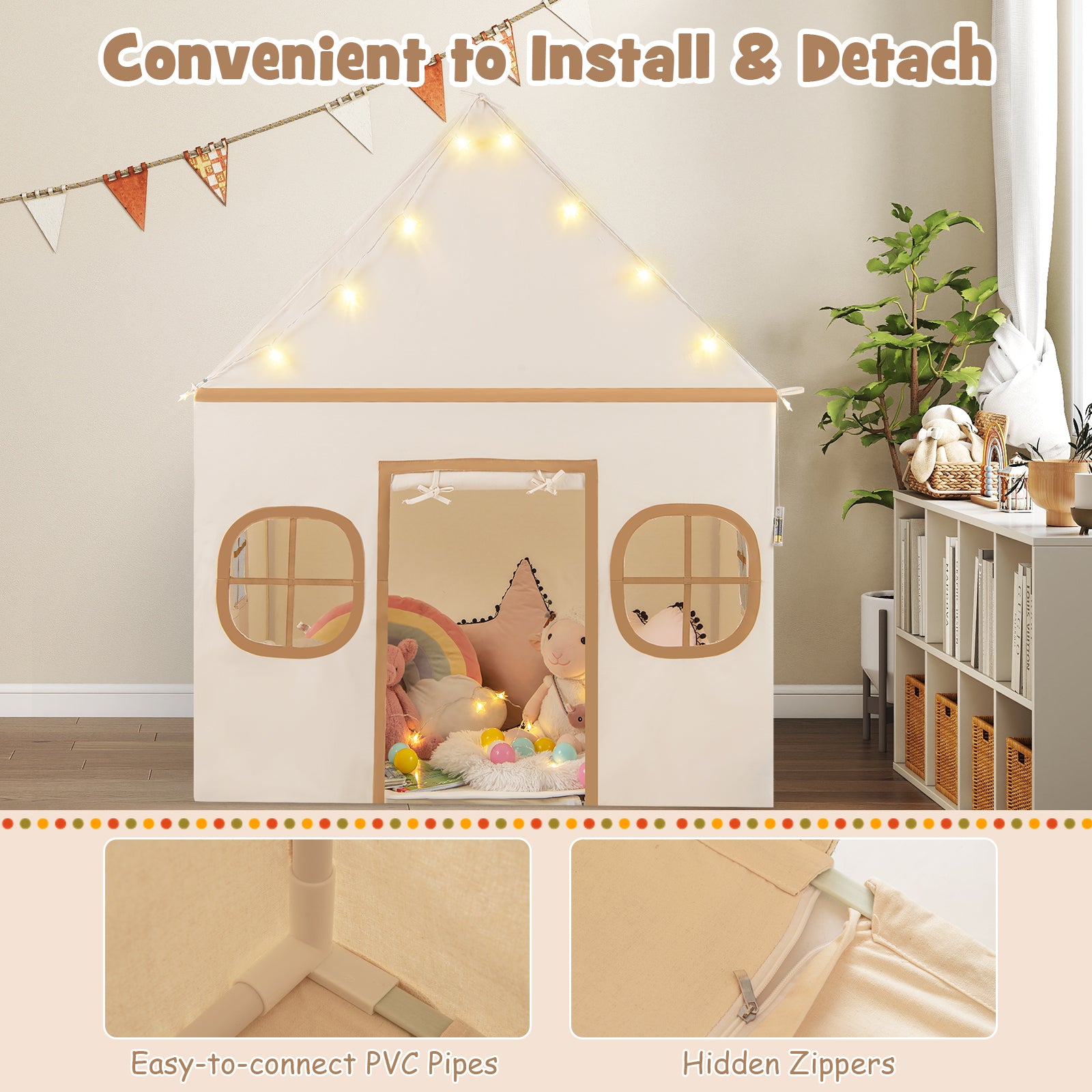 Kids Play Tent Large Playhouse with Door Curtain and Windows Star Lights-Coffee