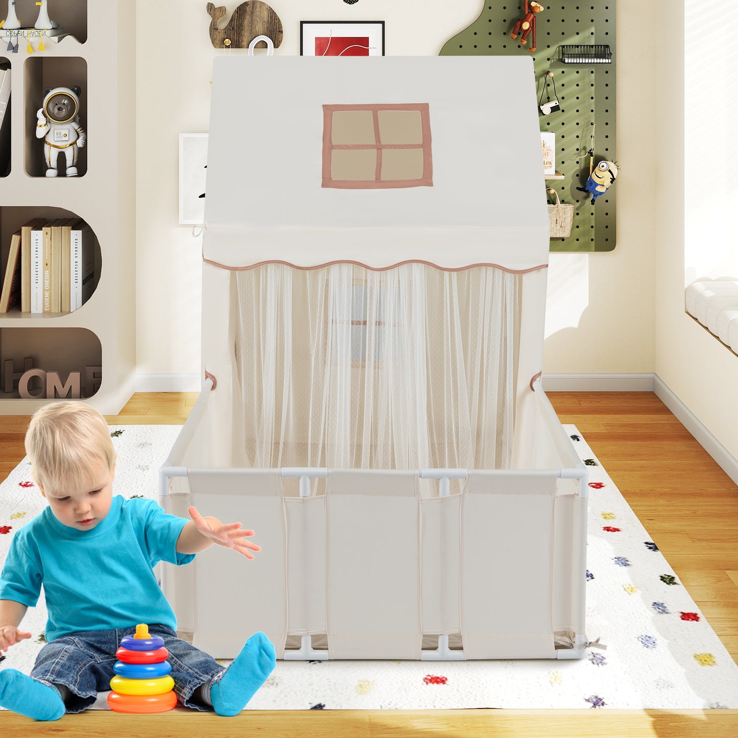 Kids Play Tent with Playpen 2-in-1 Toddler Playhouse with Yard-Beige