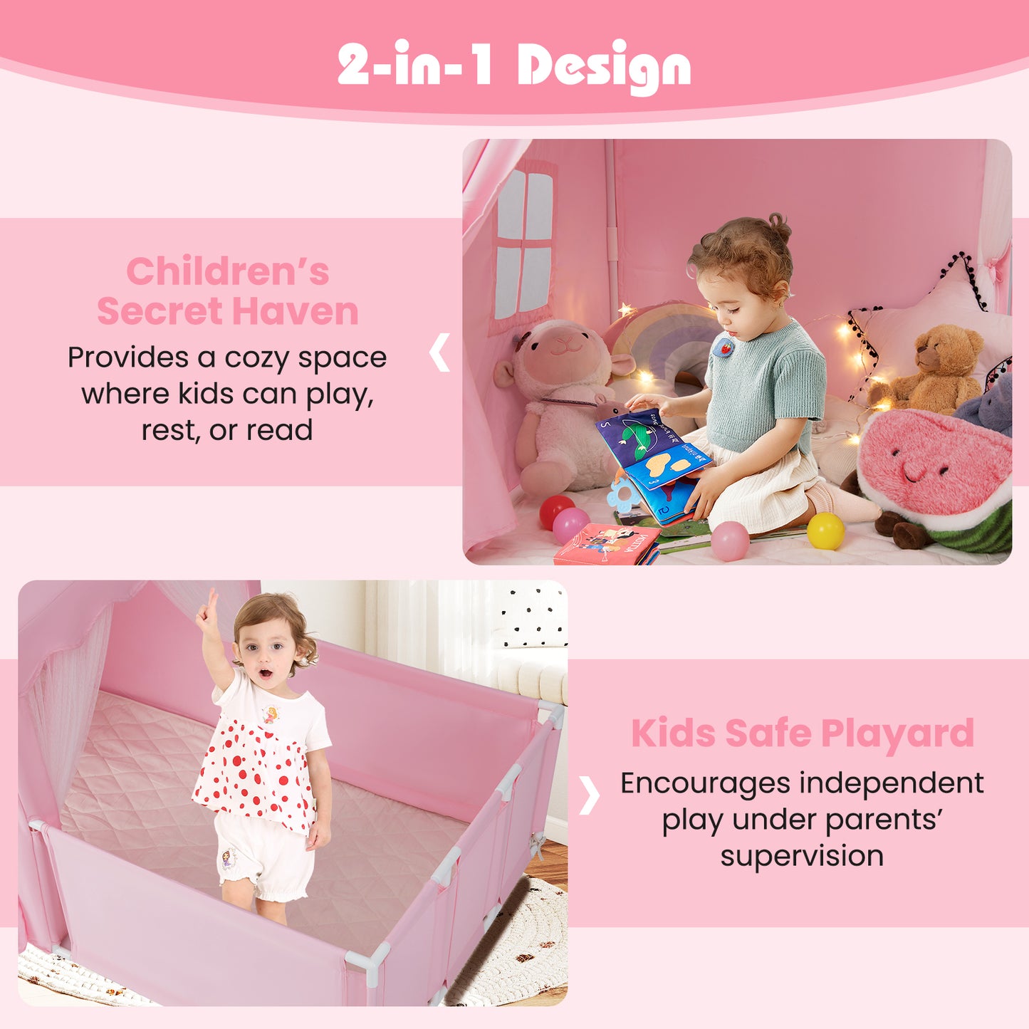 Kids Play Tent with Playpen 2-in-1 Toddler Playhouse with Yard-Pink