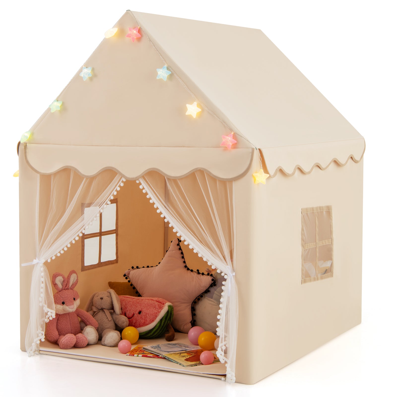 Kids Playhouse Tent with Star Lights and Mat-Beige - Beige