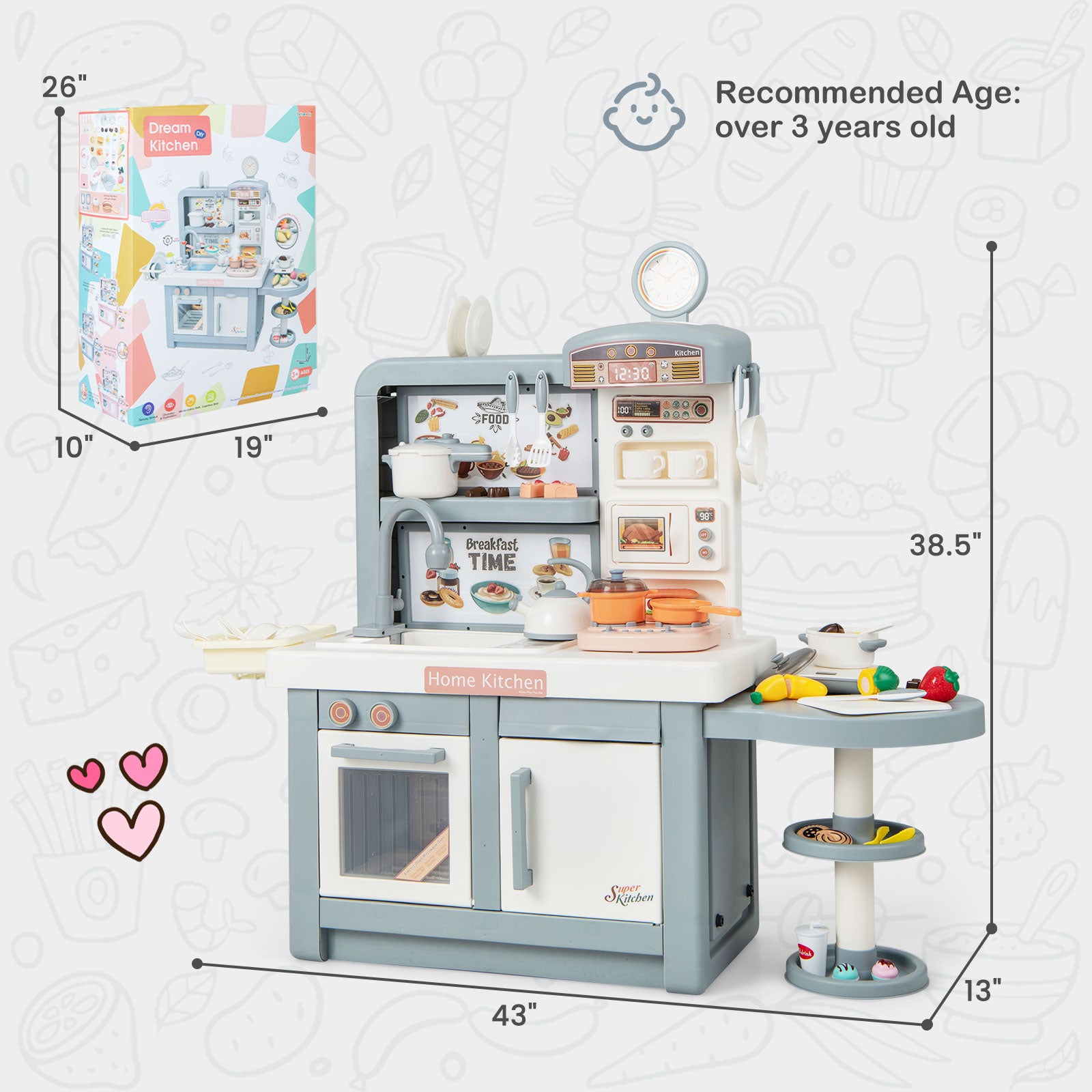 Kids Play Kitchen Toy with Stove Sink Oven with Light and Sound-Gray