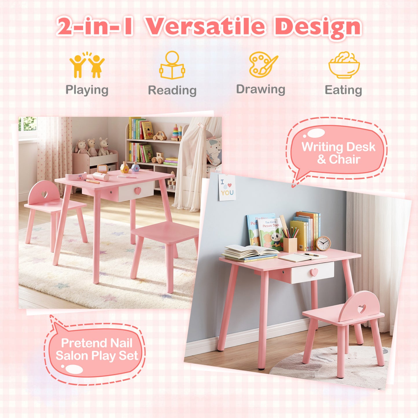 Kids Pretend Nail Salon Playset with Table and Stools