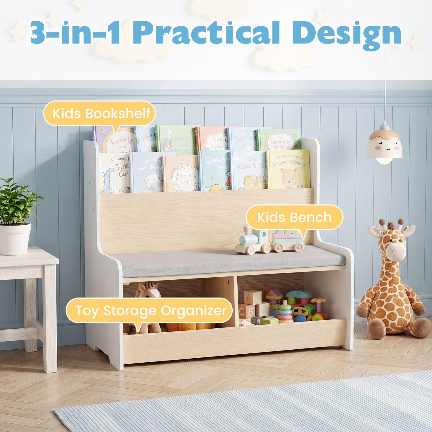 Kids Reading Nook with Bench Bookshelf and 2 Cubbies