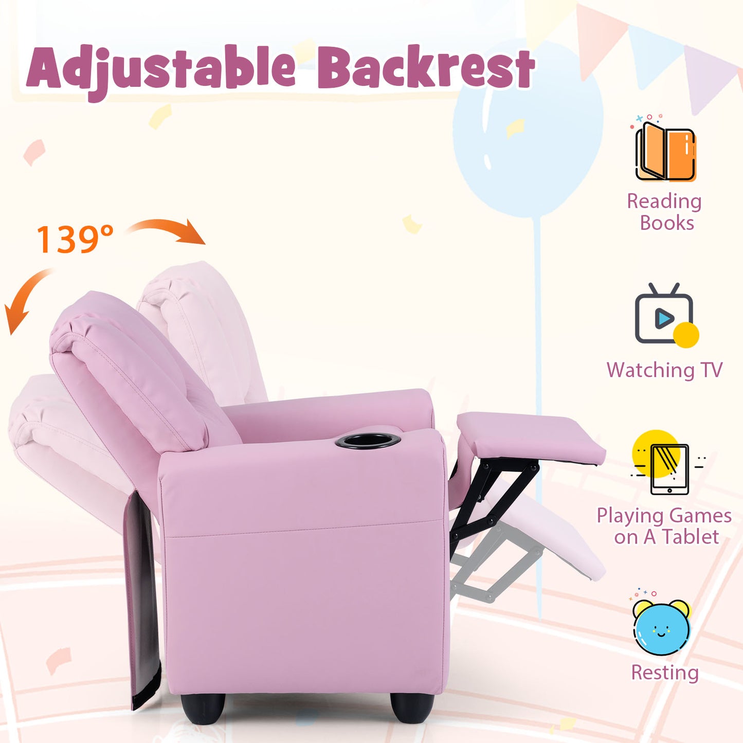 Kids Recliner Chair Push Back Toddler Reclining Armchair with Cup Holder-Pink