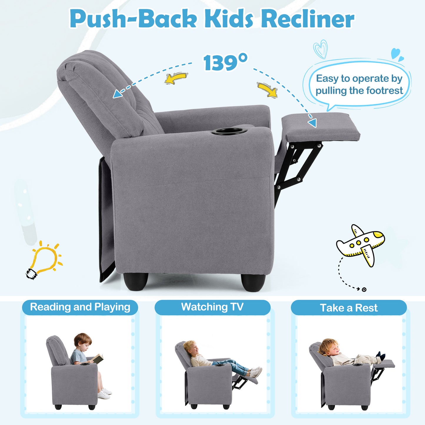 Kids Recliner Chair Push Back Toddler Reclining Armchair with Cup Holder-Grey