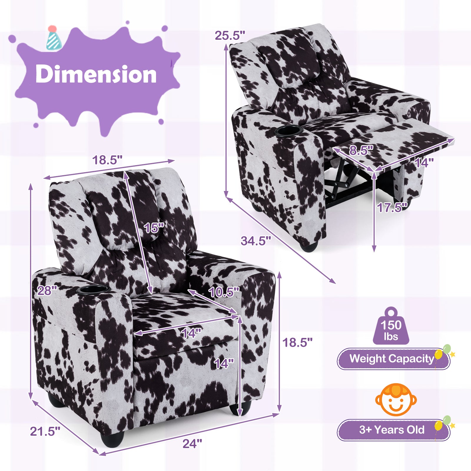 Kids Recliner Chair Push Back Toddler Reclining Armchair with Cup Holder-White