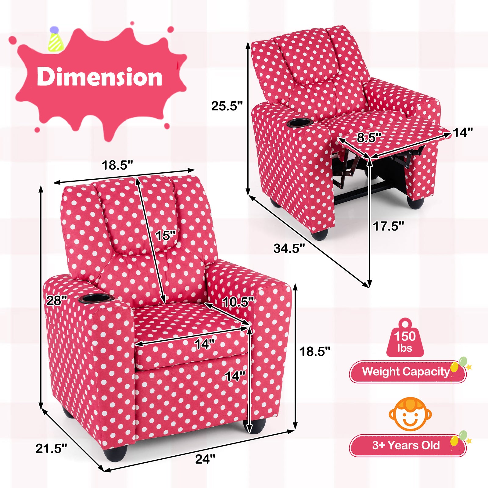 Kids Recliner Chair Push Back Toddler Reclining Armchair with Cup Holder-Red