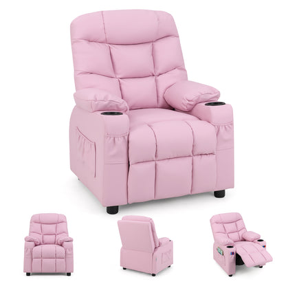 Kids Recliner Chair with Cup Holder and Footrest for Children-Black - Light Pink