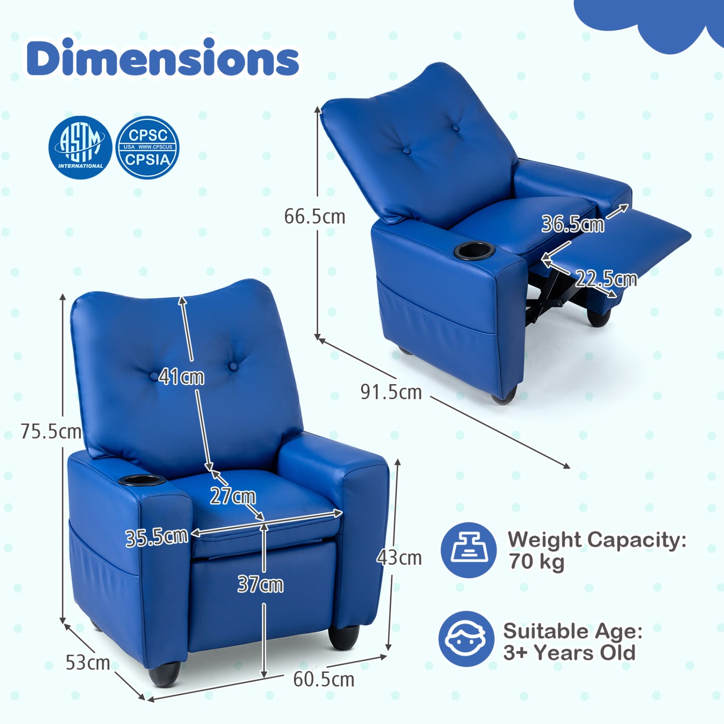 Kids Recliner Chair with Cup Holder and Adjustable Backrest